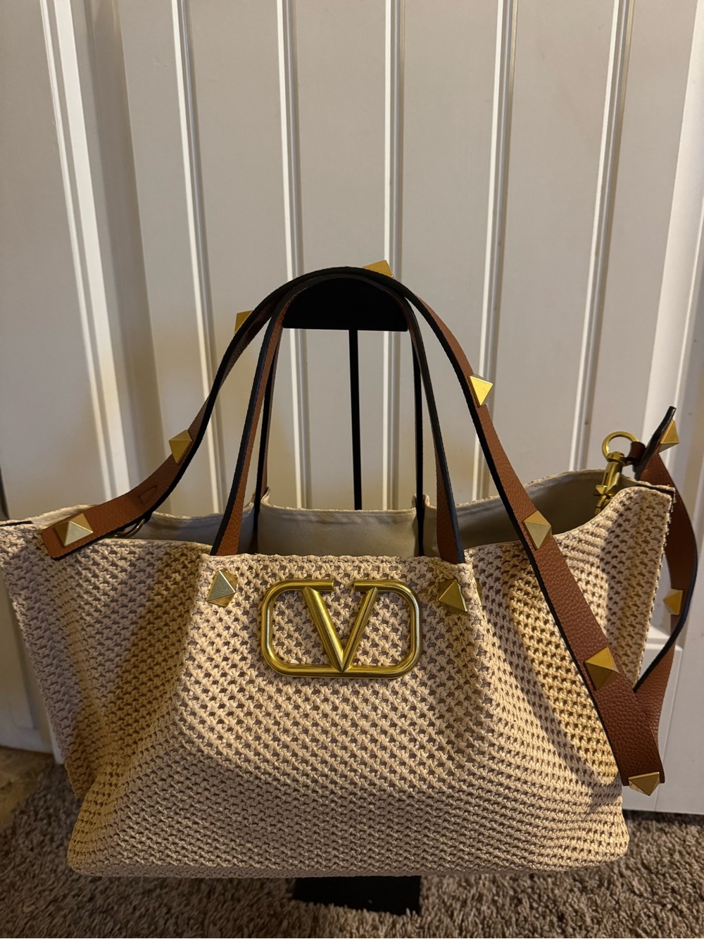 Cream Woven Tote with Gold Hardware and Brown Straps